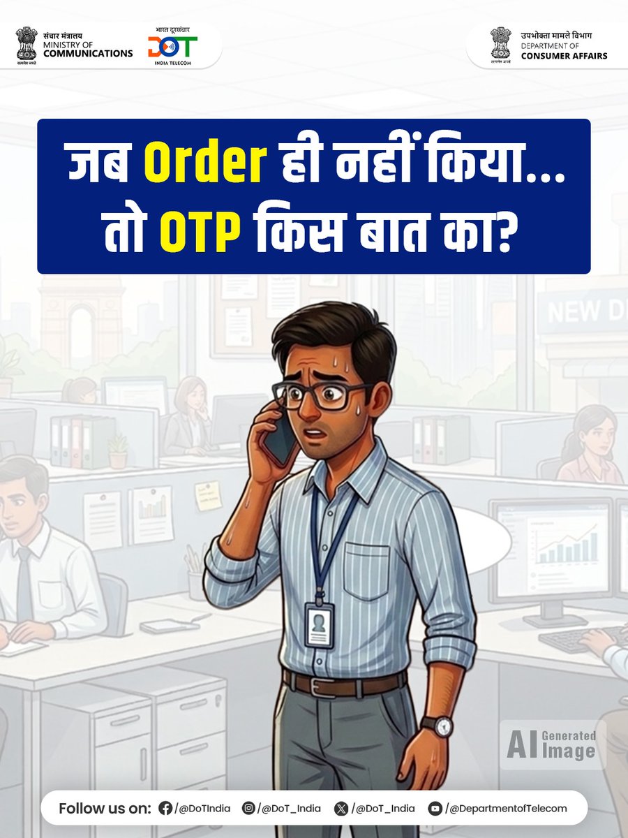 DoT_India's tweet image. जागो ग्राहक जागो!

बिना ऑर्डर के अगर कोई OTP माँगे, तो तुरंत मना करें। ऐसे फ्रॉड कॉल्स को पहचानें और Sanchar Saathi पोर्टल या ऐप पर तुरंत रिपोर्ट करें।

सतर्क रहें, सुरक्षित रहें—एक जागरूक ग्राहक बनें।

Download the Sanchar Saathi App now. 

#DoT #Telecom #JagoGrahakJago