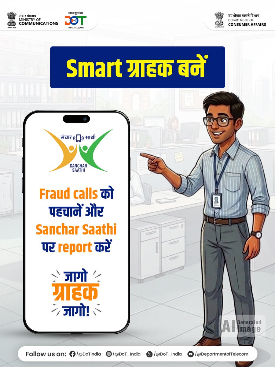 DoT_India's tweet image. जागो ग्राहक जागो!

बिना ऑर्डर के अगर कोई OTP माँगे, तो तुरंत मना करें। ऐसे फ्रॉड कॉल्स को पहचानें और Sanchar Saathi पोर्टल या ऐप पर तुरंत रिपोर्ट करें।

सतर्क रहें, सुरक्षित रहें—एक जागरूक ग्राहक बनें।

Download the Sanchar Saathi App now. 

#DoT #Telecom #JagoGrahakJago