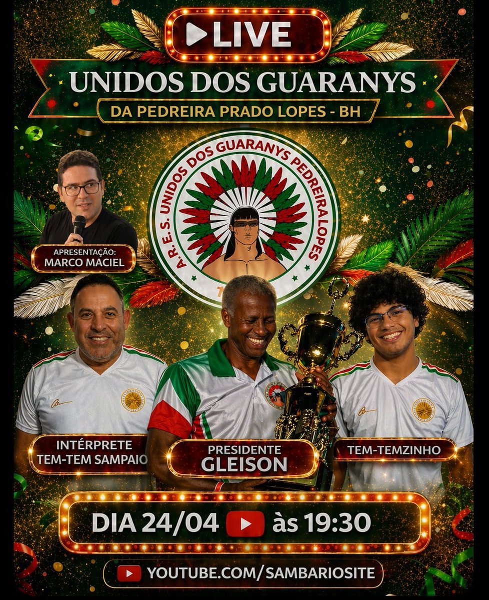 A LIVE SAMBARIO ESPECIAL recebe a UNIDOS DOS GUARANYS, escola campeã do Grupo de Acesso de Belo Horizonte. Apresentação de <a href="/marcoandrews/">Marco Maciel</a> e participação do presidente Gleison Fernandes e dos intérpretes Temtem Sampaio e Temtemzinho.
 
Hoje, às 19h30, em youtube.com/@sambariosite