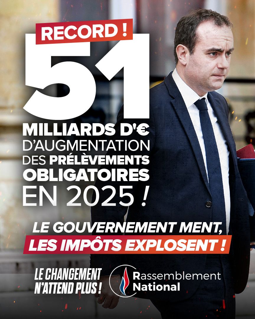 RNational_off's tweet image. 🔴 51 milliards d'euros de prélèvements obligatoires supplémentaires en 2025 : la Macronie continue de faire les poches des Français !

Explosion de la dette, dépense publique incontrôlée, racket fiscal excessif… L’alternance est une urgence pour remettre de l’ordre dans les