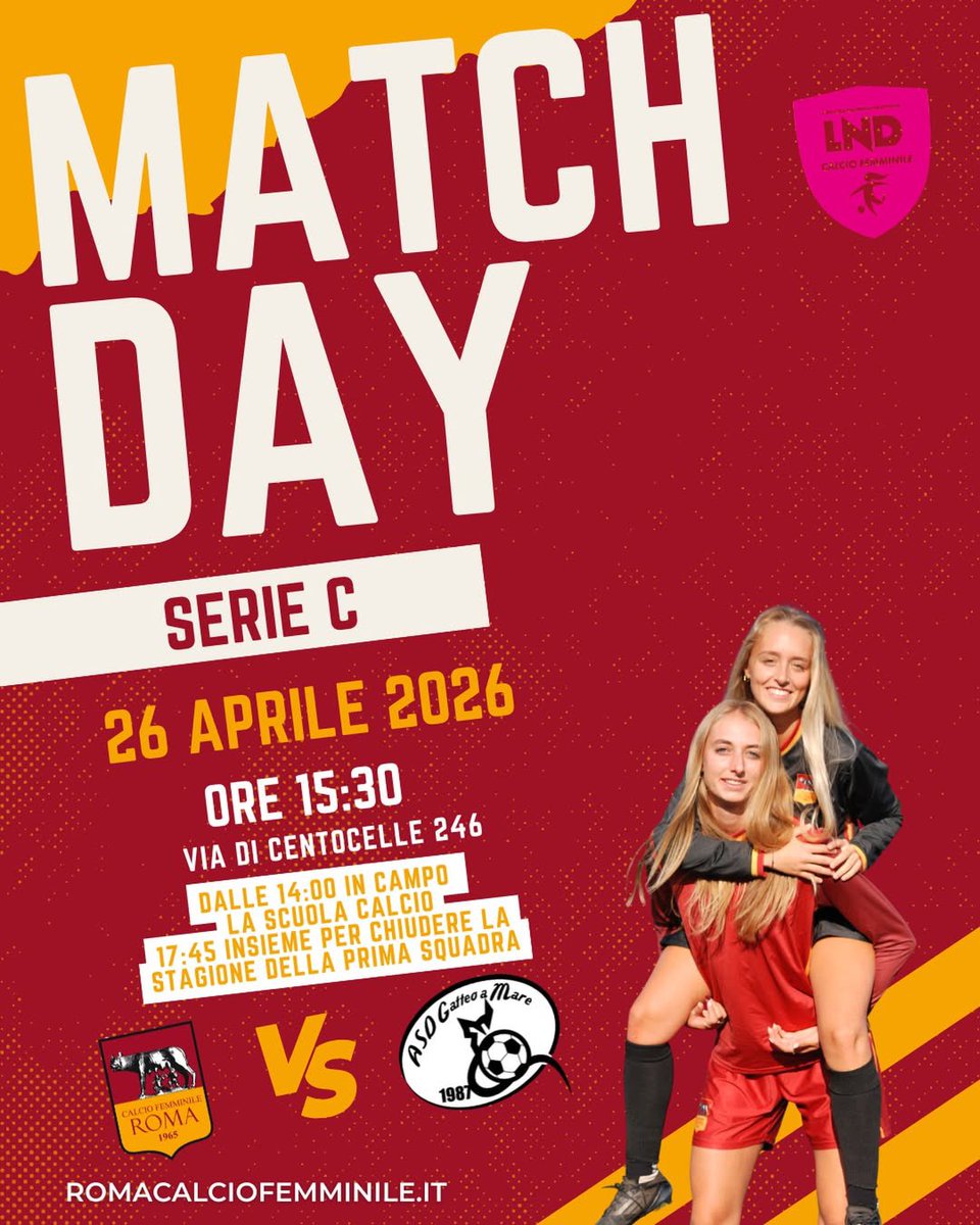 ROMAcfem's tweet photo. MATCH DAY 🔛
￼26 Aprile 2026
￼Via di Centocelle 246
￼Ore 15:30
Una giornata da vivere insieme, dentro e fuori dal campo 
Alle 14:00 in campo la Scuola Calcio 
￼Alle 17:45 tutte insieme per chiudere la stagione della prima squadra 🔥
Un’Unica Maglia, un Unico Sogno 🟨🟥 https://t.co/9gkpqctGaS