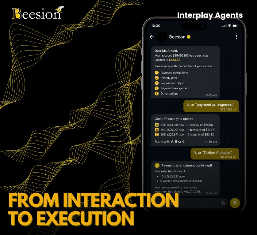 Beesion's tweet photo. Most AI can respond — few can execute.
Interplay Agents turn customer interactions into real actions: payments arranged, installments scheduled, confirmations sent instantly.
From AI assistance to AI execution in telecom.
#Telecom #AI #BSS #Automation #LeadToCash https://t.co/hVUXog0WTk