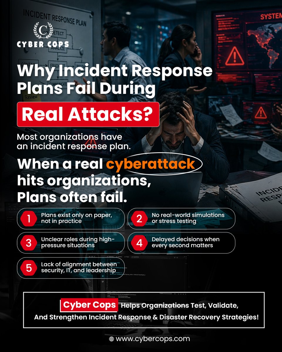 Cyber_Cops_'s tweet photo. When a cyberattack hits, there’s no time to read a plan.
Most incident response fails not because plans don’t exist but because they’ve never been tested.
Real resilience comes from simulations, audits, and practice not documents.
#CyberSecurity #IncidentResponse #CyberResilience https://t.co/jtIEOdQIrM