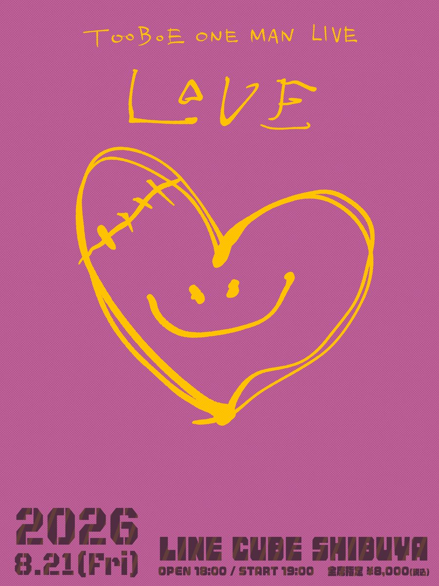 【告知】
夏に1年ぶりのホールワンマンやります
タイトルは『LOVE』

これまでとこれからの
全ての歪な愛をこめて！

FC先行
tooboe.fanpla.jp