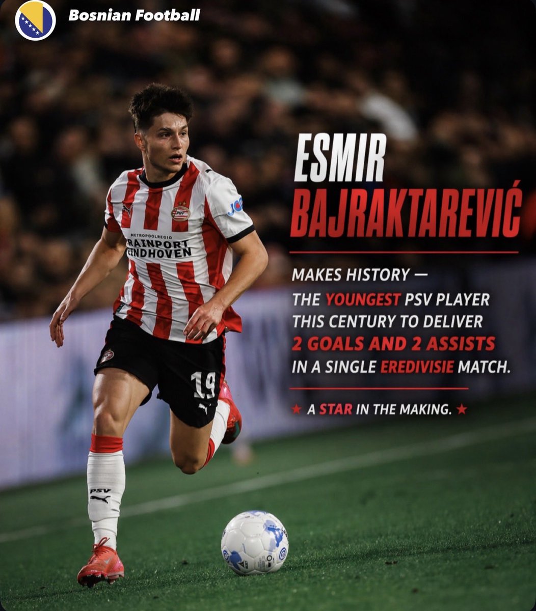BosniaNTBall's tweet image. Esmir Bajraktarević became the youngest PSV player this century to record 2 goals and 2 assists in an Eredivisie match!🇧🇦 #PSV #Bosnia #Football #Eredivisie