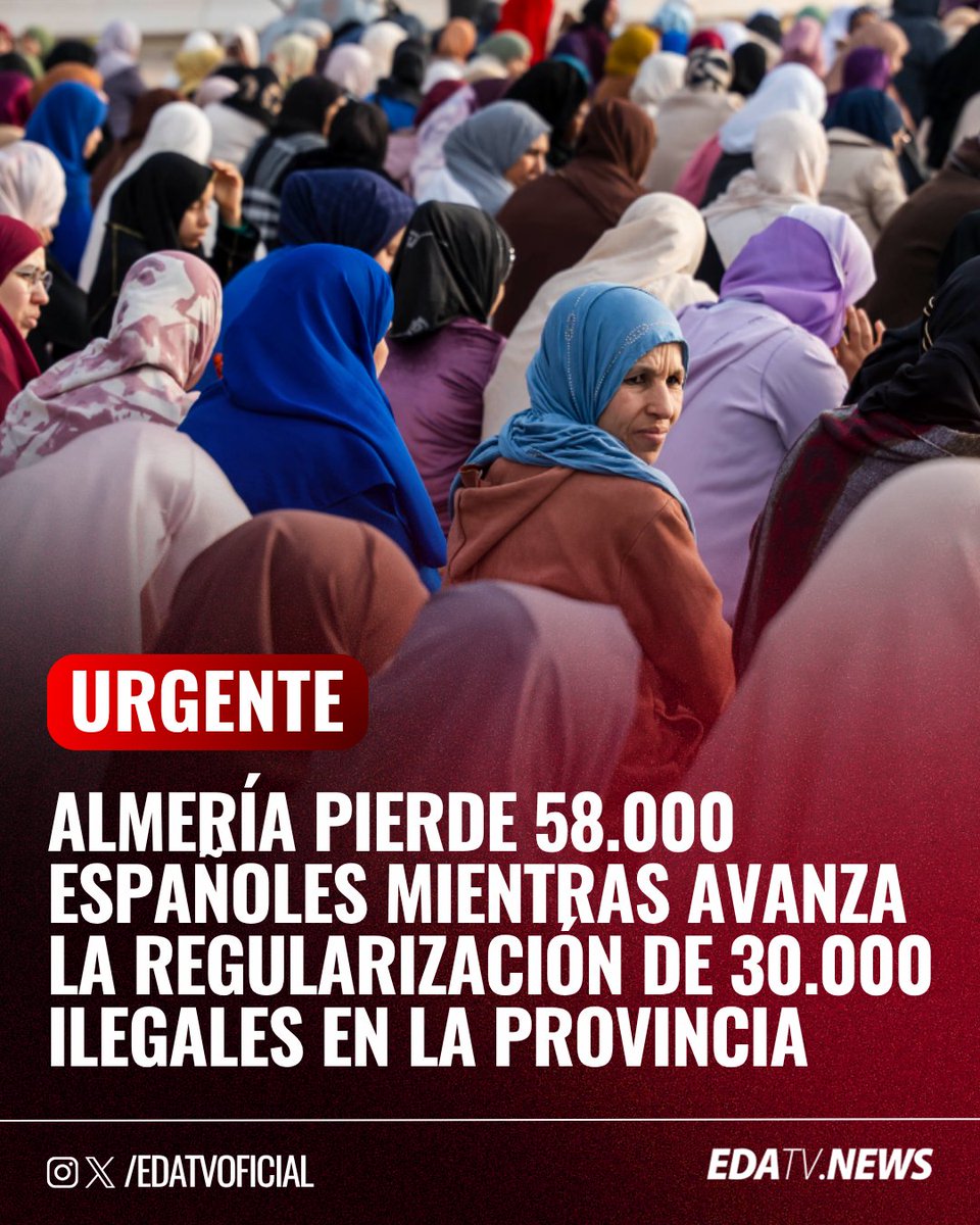 edatvoficial's tweet image. ‼️🇪🇸 | #INVASIÓN Almería pierde a 58.000 españoles mientras el Gobierno de Sánchez regulariza a 30.000 inmigrantes ilegales. La provincia se vacía de su propia gente, víctima de las políticas de fronteras abiertas y efecto llamada impuestas por el Ejecutivo socialista.