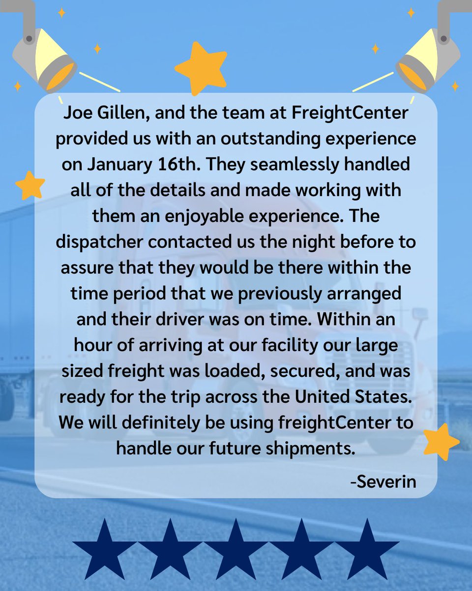 FreightCenter's tweet photo. We're showcasing our first review spotlight today. Here are some of the recent reviews we've received this year! 🥳👍🌟 

 #ReviewSpotlight #5StarReviews #CustomerReviews #3PL #FreightCenter https://t.co/y4SzYmIoca