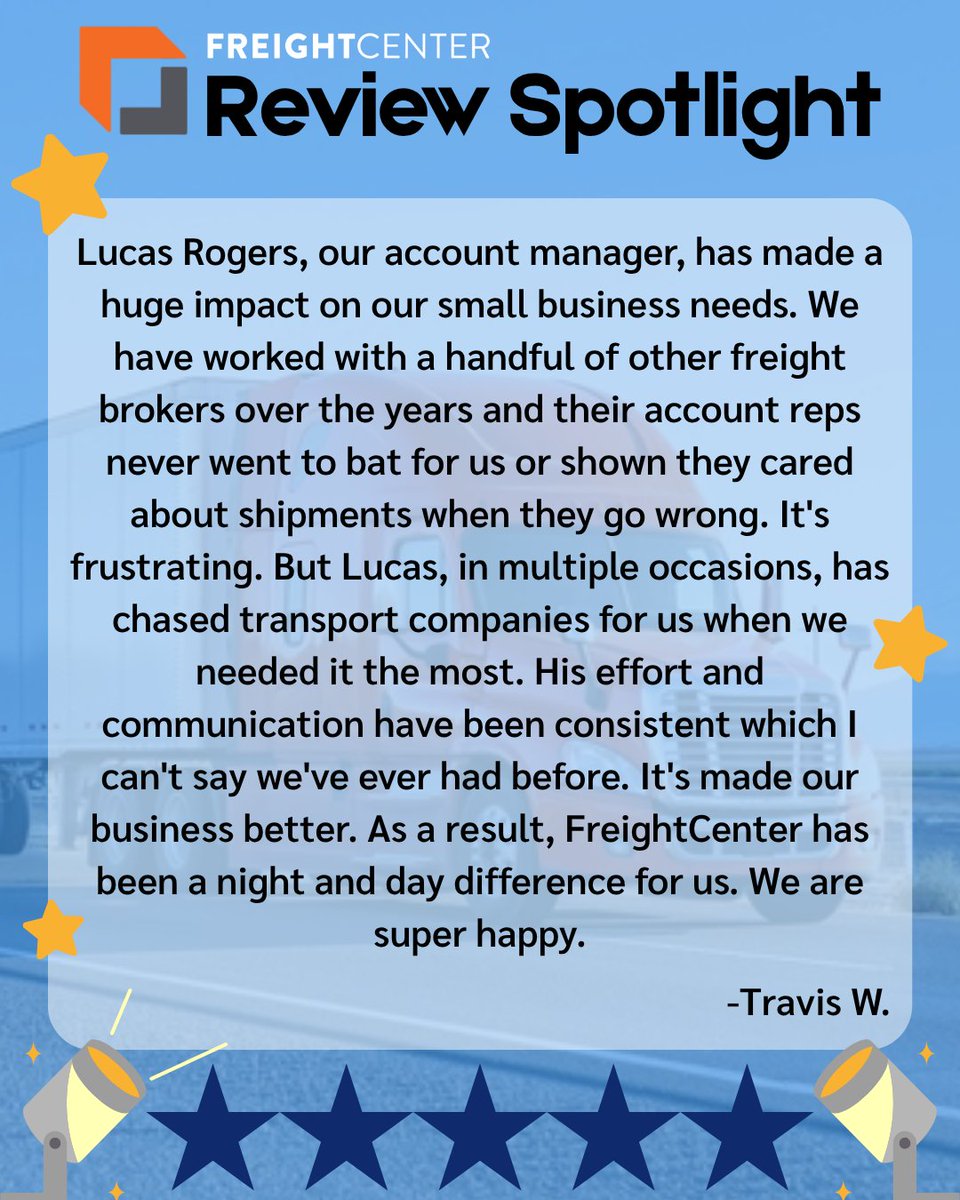 FreightCenter's tweet photo. We're showcasing our first review spotlight today. Here are some of the recent reviews we've received this year! 🥳👍🌟 

 #ReviewSpotlight #5StarReviews #CustomerReviews #3PL #FreightCenter https://t.co/y4SzYmIoca