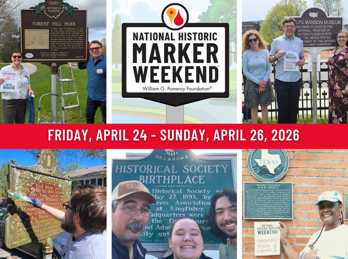 wgpfoundation's tweet photo. Happy National Historic Marker Weekend! 🎉 Help make history shine in your community now through Sunday, April 26. Sign up, volunteer, and join the fun! https://t.co/39eIaFNU8O #NationalHistoricMarkerWeekend #PomeroyFoundation https://t.co/vVsaXAsZuE