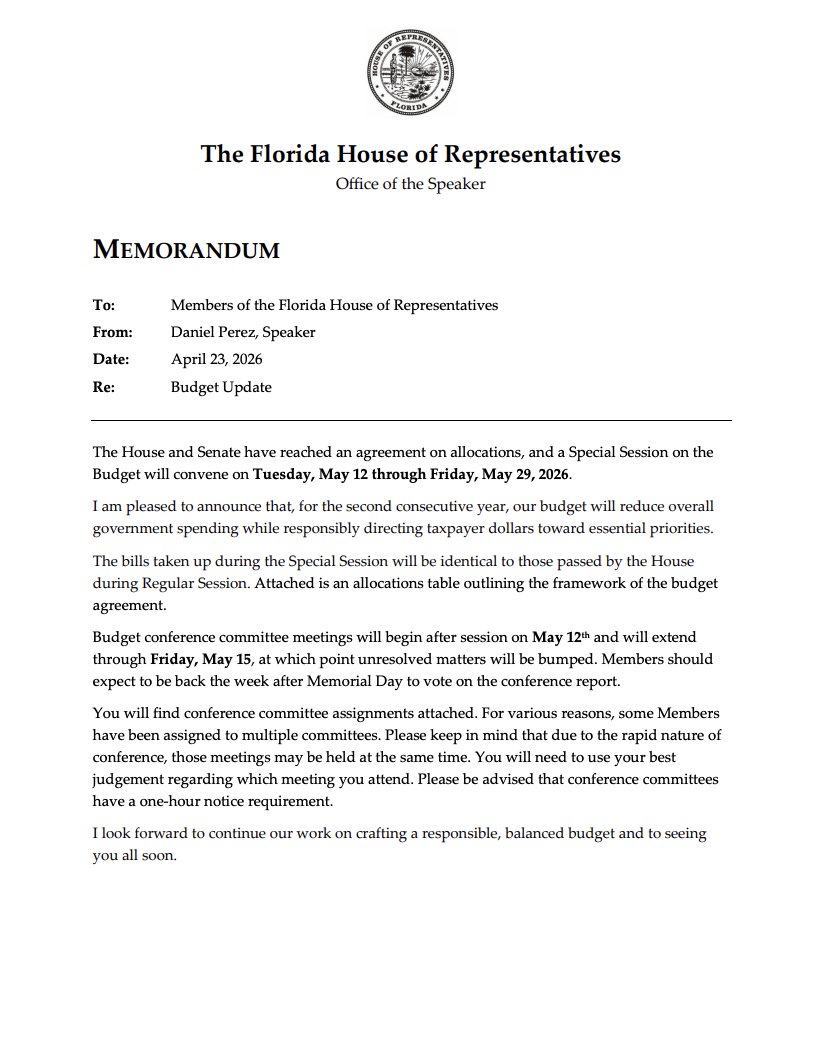 MoffittGR's tweet photo. Senate President @Sen_Albritton &amp; House Speaker @Daniel_PerezFL reached an agreement on $52B in budget allocations, kicking off Florida’s Special Session May 12–29. 🏛️

Conference committees meet May 12–15; lawmakers return after Memorial Day to vote on the final budget. https://t.co/L4tN5J1lVu