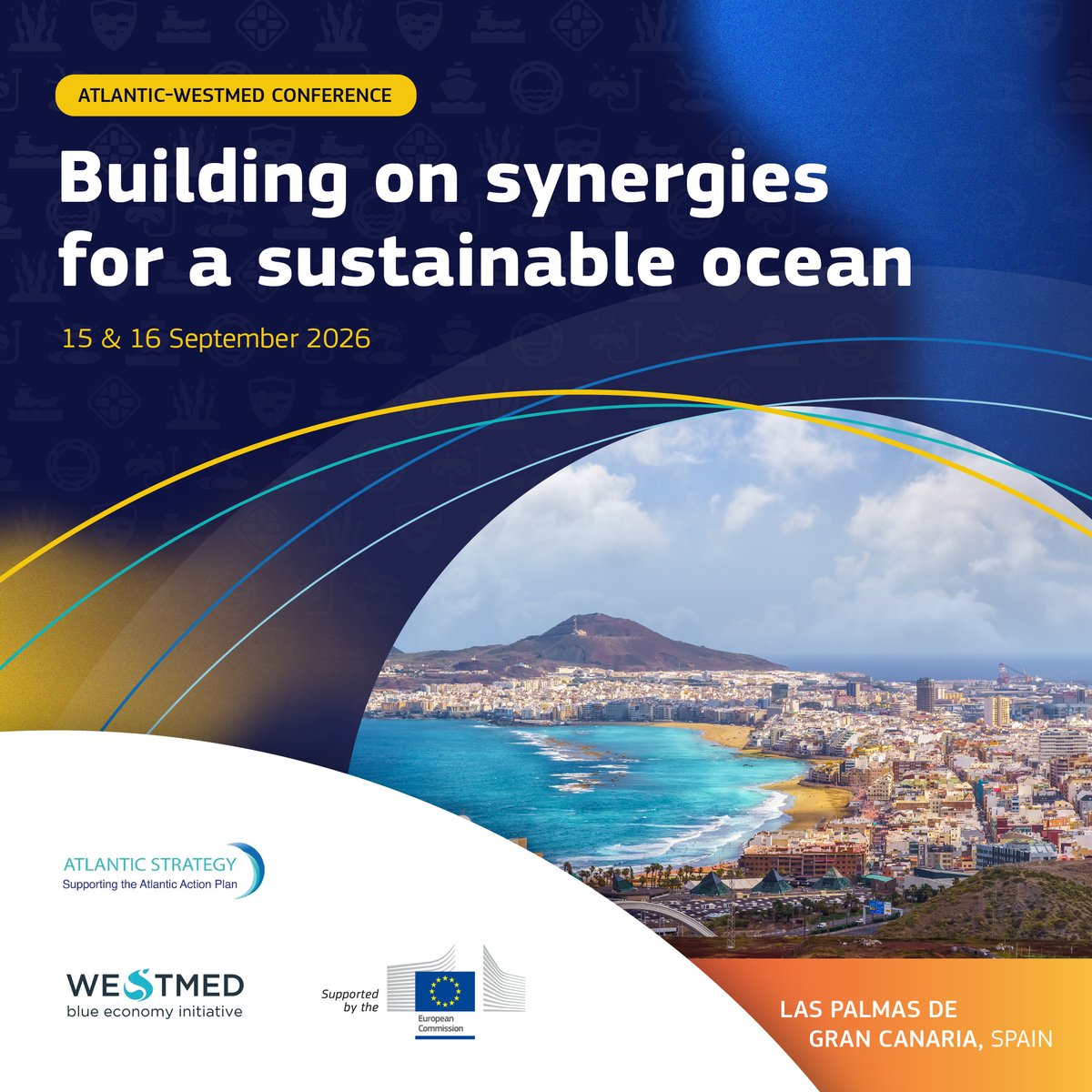 WestMedStrat's tweet photo. 📢SAVE THE DATE! 16 September 2026, Gran Canaria.

The EU #WestMED and @EUAtlantic Sea Basin Strategies join forces for their first-ever joint stakeholder conference  - uniting policymakers, practitioners, innovators and regional actors.

From plenaries and deep‑dive sessions to a hands‑on hackathon, the event spotlights solutions, partnerships and emerging priorities shaping the future of our maritime regions. 

More👉https://t.co/V5oiA7G8pX