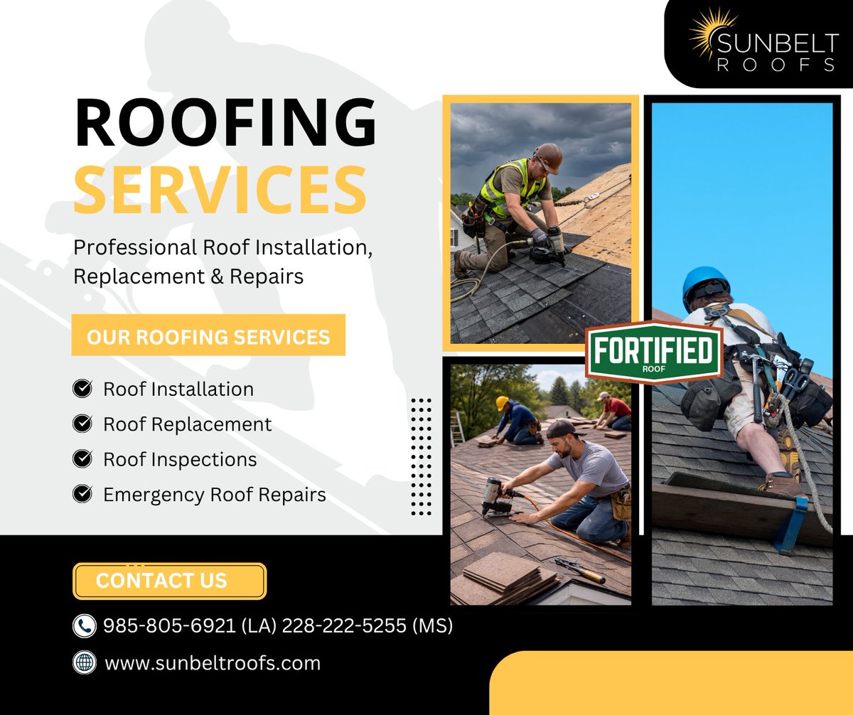 SunbeltRoofs's tweet image. 🏠 Roofing services done right

✔ Installation
✔ Replacement
✔ Inspections
✔ Emergency Repairs
📞 985-805-6921 | 228-222-5255
🌐 sunbeltroofs.com
#SunbeltRoofs #RoofingServices #HomeProtection