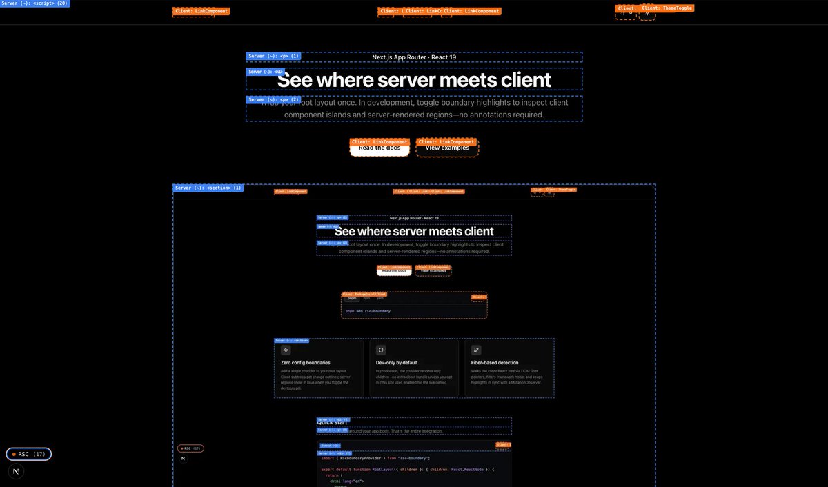 fortysevenfx's tweet photo. Remember @aurorascharff's RSC / "use client" boundary visualiser ? 

@valentinprgnd packaged it for @nextjs, with @tan_stack support coming soon 👀

https://t.co/f4Y5pHaIvV https://t.co/oNSn2TrsMG