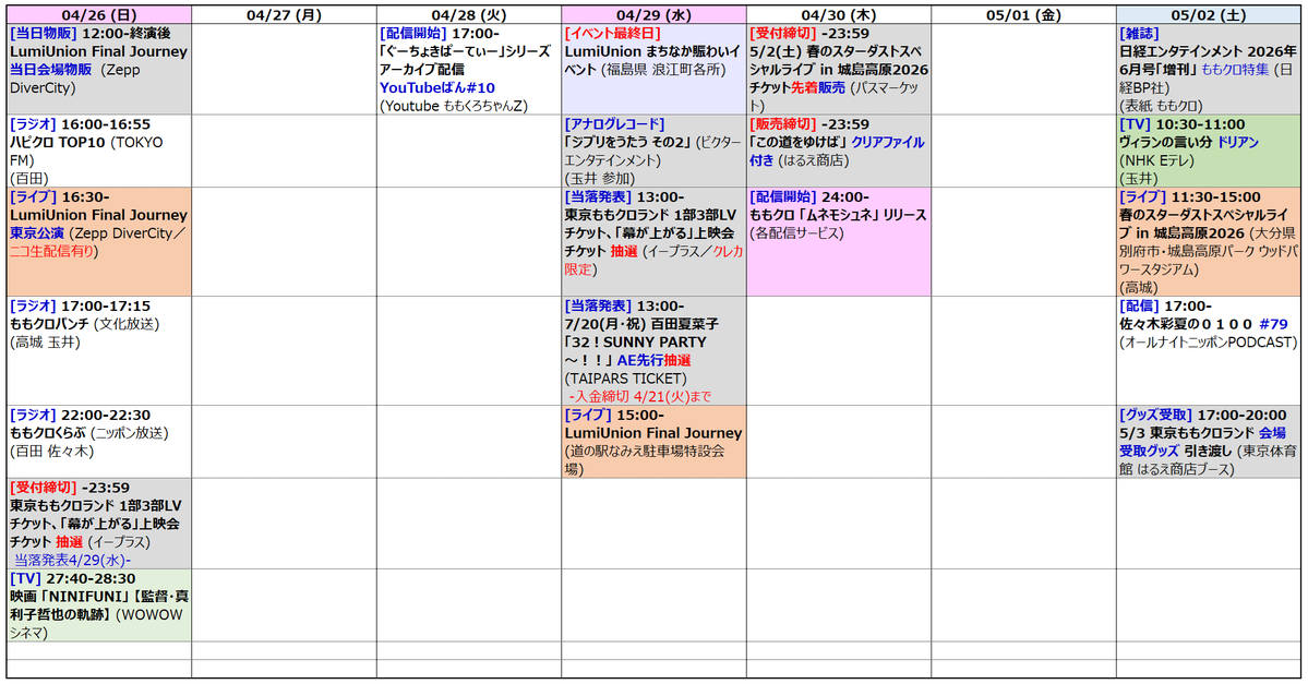 momomosumomo517's tweet image. 🩷❤️💛💜
#ももクロ スケジュール メモ (2026/04/24, 22:10更新)

🍀4/25(土)🍀　 
11:00 フォーク村 第179夜 [再]
17:00 佐々木彩夏の0100
18:00 HOTEI FES DAY1 プレリク先行 当落発表
23:59 LumiUnion 東京公演 一般先着 受付締切