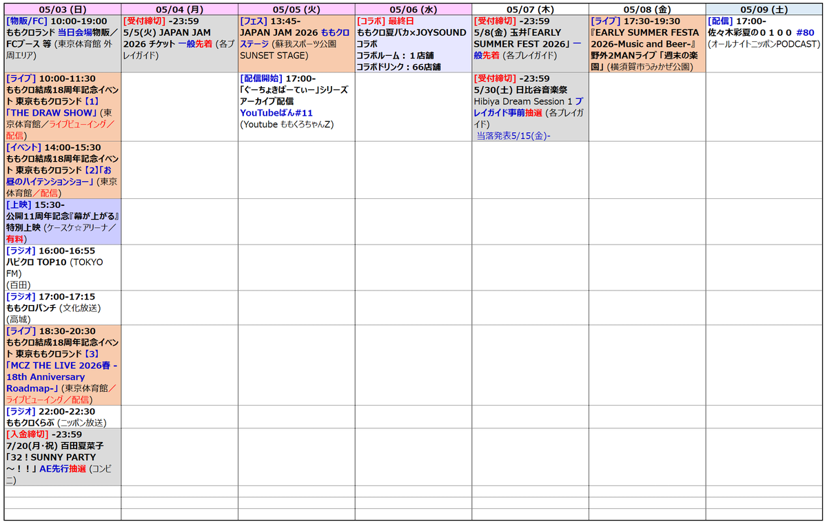 momomosumomo517's tweet image. 🩷❤️💛💜
#ももクロ スケジュール メモ (2026/04/24, 22:10更新)

🍀4/25(土)🍀　 
11:00 フォーク村 第179夜 [再]
17:00 佐々木彩夏の0100
18:00 HOTEI FES DAY1 プレリク先行 当落発表
23:59 LumiUnion 東京公演 一般先着 受付締切