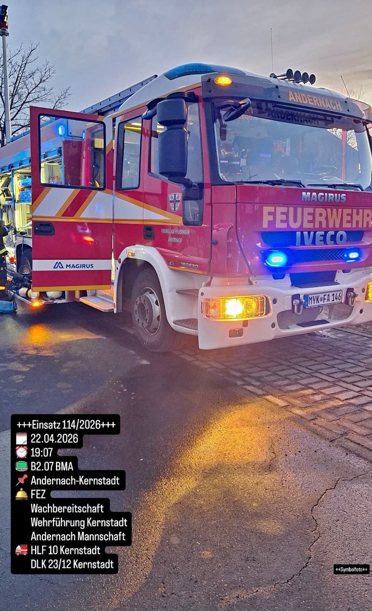 EinsatzeMyk's tweet image. 🚨 Einsatz Nr. 114/2026 für die 
Feuerwehr Andernach 

📆 22.04.2026 um 19:07 Uhr

🚨 B2.07 - Auslösung Brandmeldeanlage 

🏠 Andernach

📸 Symbolbild 

#Einsatz #feuerwehr #Andernach #Rhein #mayenkoblenz #landkreismayenkoblenz #rlp #rheinlandpfalz