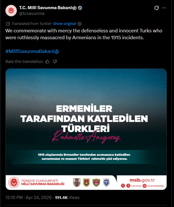 Aeternum7's tweet image. #Turkey remains under the leadership of the ideological heirs of the #ArmenianGenocide’s perpetrators. 

With equal justification, Germany could mark Holocaust Remembrance Day by mourning 'defenseless' Nazis "mercilessly murdered" by Jews.

#Armenia