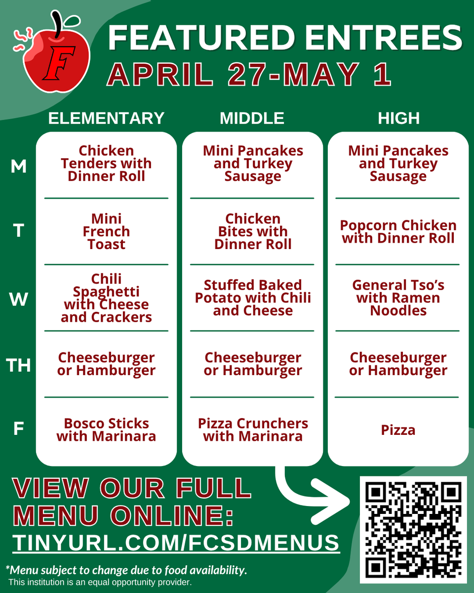 FCSDFoodService's tweet photo. Embrace #SchoolMeals – an affordable solution for quality nutrition that supports learning. 🏫🍎

Please see our complete menu on our website: https://t.co/J0OwYsqSwe

*Menus are subject to change due to food availability. Thank you for your patience and understanding!

@FCSDNews https://t.co/Mscm4tFvPI