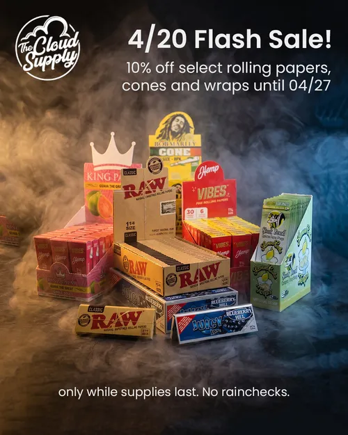 TheCloudSupply's tweet image. Time Is Running Out! Our 4/20 Sale Ends Monday Night!

Shop and save with 10% off select papers, cones, and wraps!

🌐 thecloudsupply.com/420Flash26

#sale #flashsale #fourtwenty #wholesale #distro #thecloudsupply #BobMarley #RAW #Elements #OCB #KingPalm