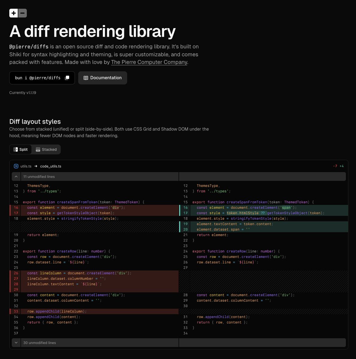 有的推友还不知道 diffs，地址在这里 diffs.com
用来渲染代码的 diff，是我今年最喜欢的开源库，可配置很性强，该有的需求都满足，突发奇想：完全可以用 diffs 和 trees 做一个 git diff 的客户端。