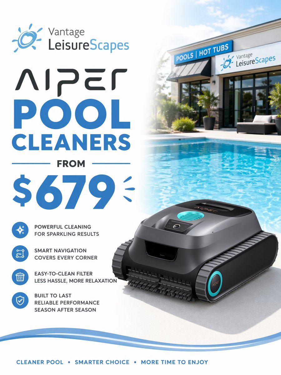 VantagePools's tweet photo. Aiper Pool Cleaners now available at Vantage LeisureScapes! Watch for our annual Marco Promo Spring Sale Event May 1-9. Main event Saturday May 2. Special offers &amp; lowest prices of the season

https://t.co/jD2xOFnXG8
#leisurescapes #aiper #poolsupplies #langleyevents #poolcleaner https://t.co/P9NKOwDylq