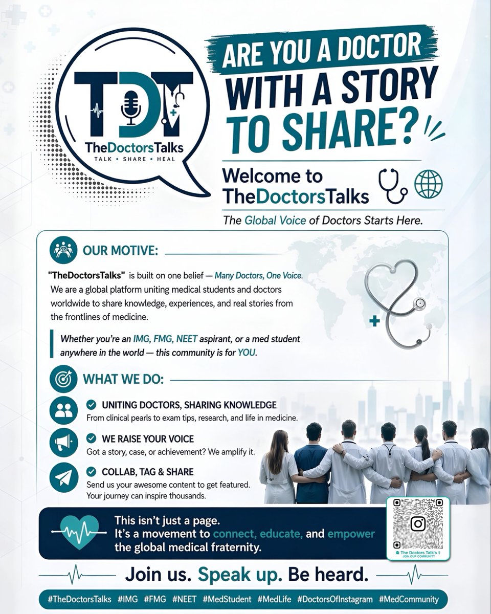 thedoctorstalks's tweet image. ARE YOU A DOCTOR WITH A STORY TO SHARE? 🌍  
Welcome to @TheDoctorsTalks — The Global Voice of Doctors Starts Here.
Many Doctors, One Voice
For IMGs, FMGs &amp;amp; Medical students worldwide.  
Tag us to get featured
Speak up. Be heard
#TheDoctorsTalks #IMG #FMG #NEET #MedTwitter