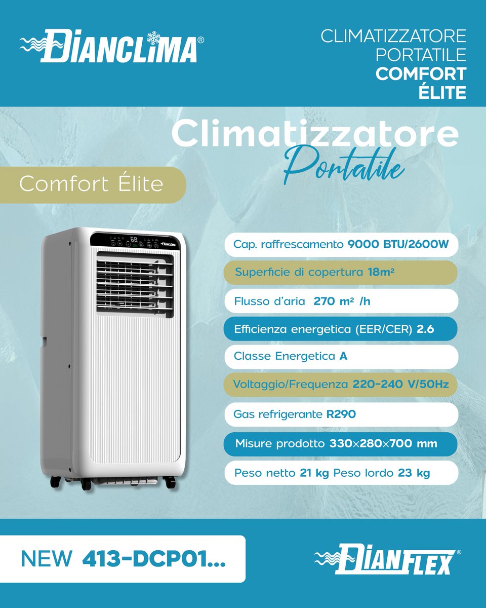 DianflexC's tweet photo. Comfort Élite by Dianclima ❄️
Climatizzatore portatile 9000 BTU, freddo/caldo, timer 24h e kit finestra incluso.
Efficienza A e gas R290 eco-friendly.
🔗 https://t.co/iOaX6fX5HW
~
~
~
~
#DianFlex #Dianclima #Climatizzazione #ComfortElite #HomeComfort https://t.co/pTRVuxdvwk