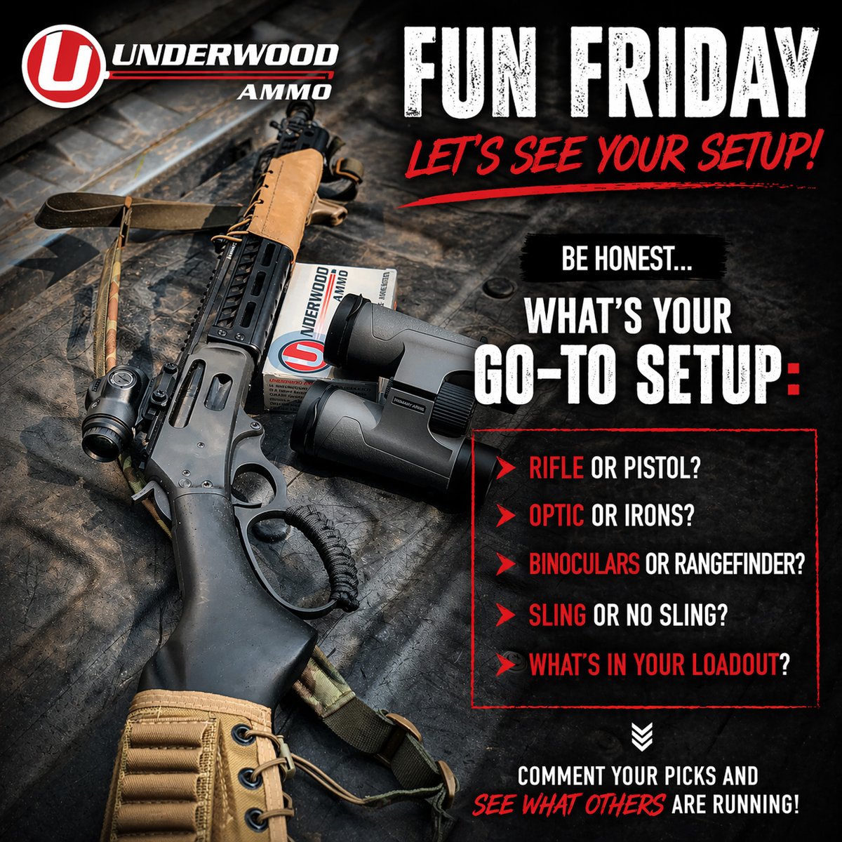 UnderwoodAmmo's tweet photo. Fun Friday 😎
Let’s see your setup.
Rifle or pistol?
Optic or irons?
Binoculars or rangefinder?
Sling or no sling?
👇 Drop your picks and jump in on someone else’s
#underwood #makeyournextshotyourbestshot #2ACommunity https://t.co/3md7nOMnUP