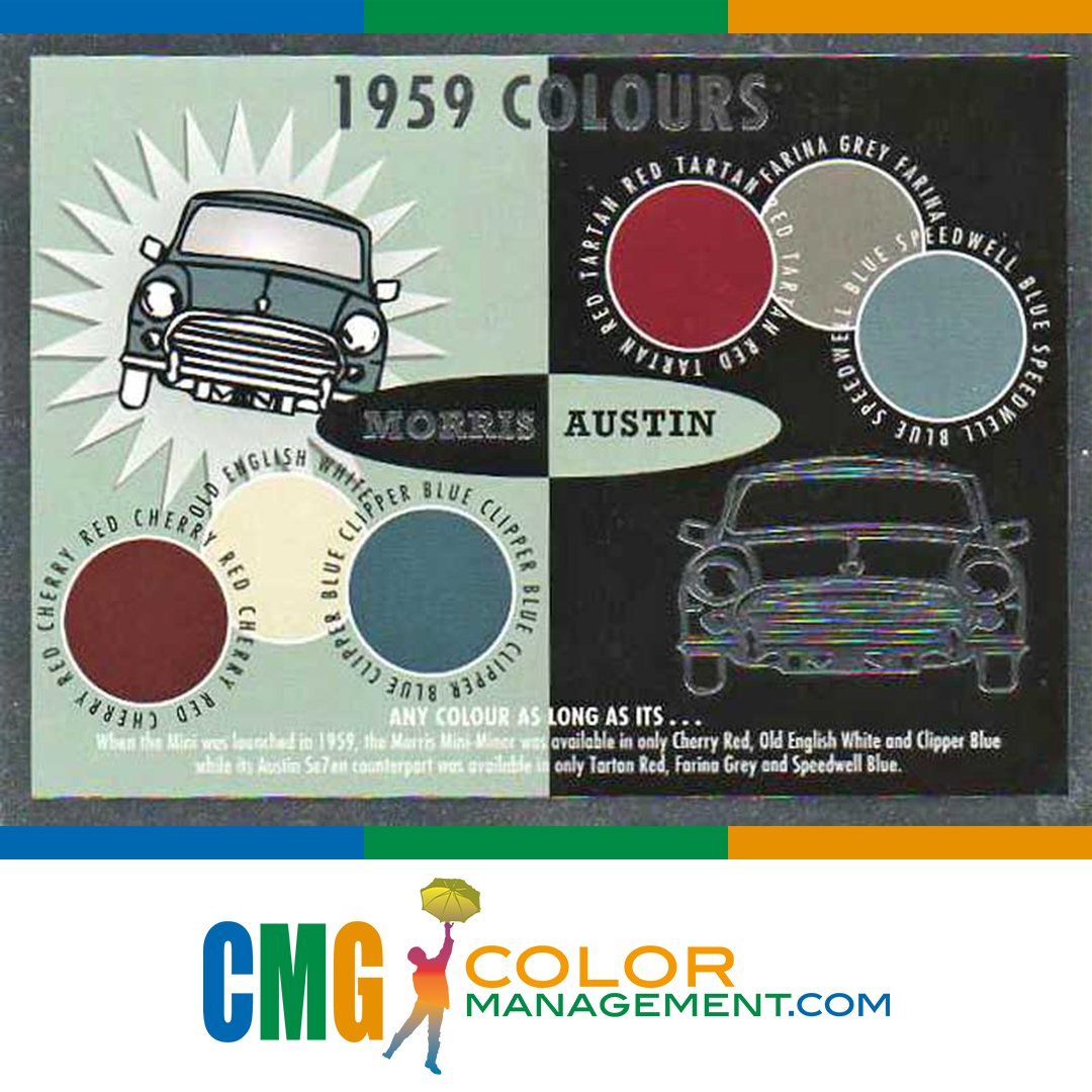 CMGColor's tweet image. What color do you associate with the brand and car in the first image? Did you know the car launched in 1959 with 6 colors? The last image car launched in 2001 with 8 colors, including the brand's iconic hue. Can you guess the brand &amp;amp; color? Let us know! 
#Brands #ColorManagement