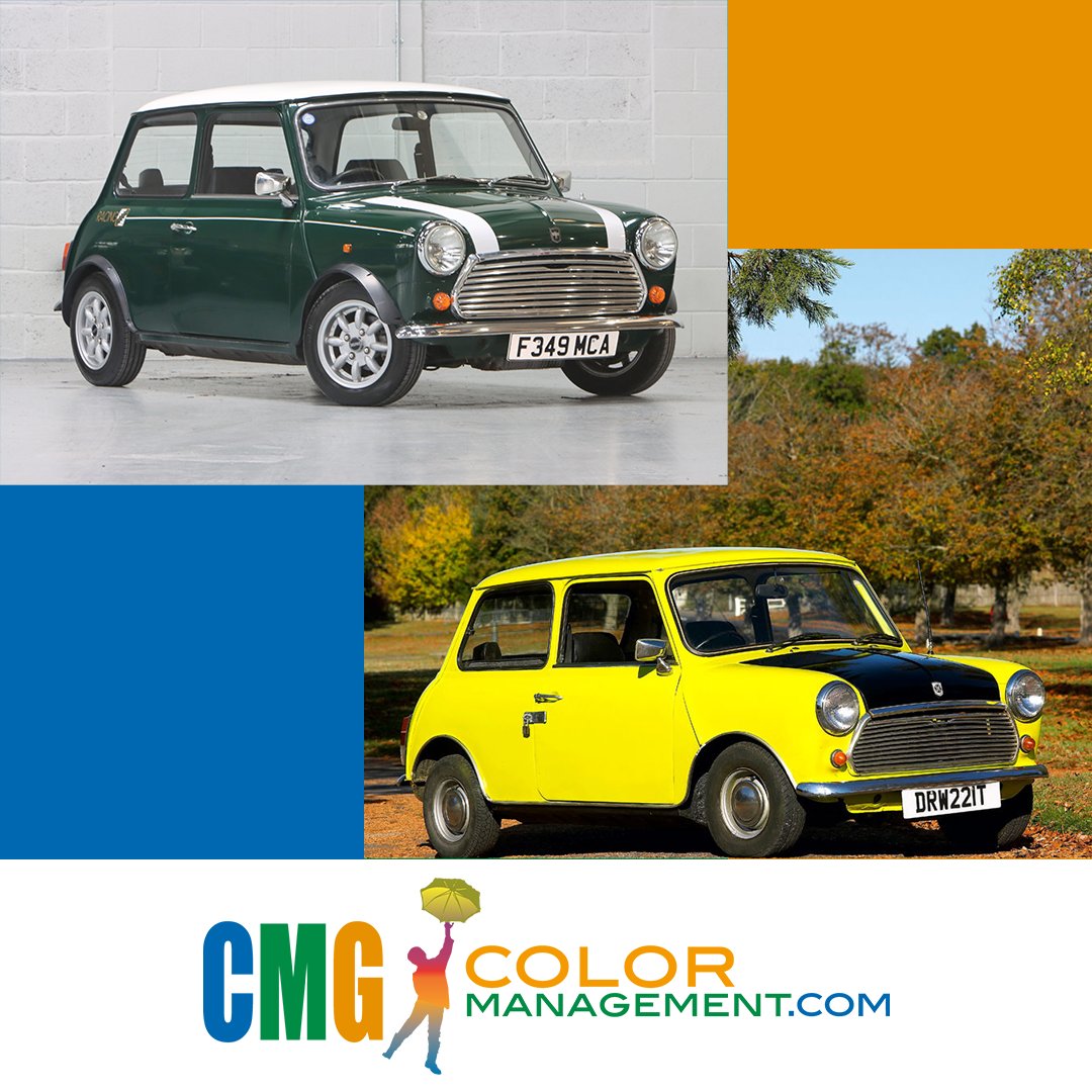 CMGColor's tweet image. What color do you associate with the brand and car in the first image? Did you know the car launched in 1959 with 6 colors? The last image car launched in 2001 with 8 colors, including the brand's iconic hue. Can you guess the brand &amp;amp; color? Let us know! 
#Brands #ColorManagement