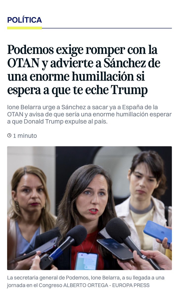 jadestebanez's tweet photo. Las vueltas que da la vida! 🤷🏻‍♂️
Trump y Podemos están de acuerdo en dejar a España fuera de la OTAN… https://t.co/0DxKHTDQIc