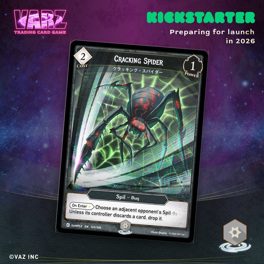 VARZ253922's tweet image. 【カード紹介】
🕷クラッキング・スパイダー

手札を捨てるか、スピルを失うか。

どちらを選んでも、
痛みは避けられない。

#VARZ #TCG #Kickstarter