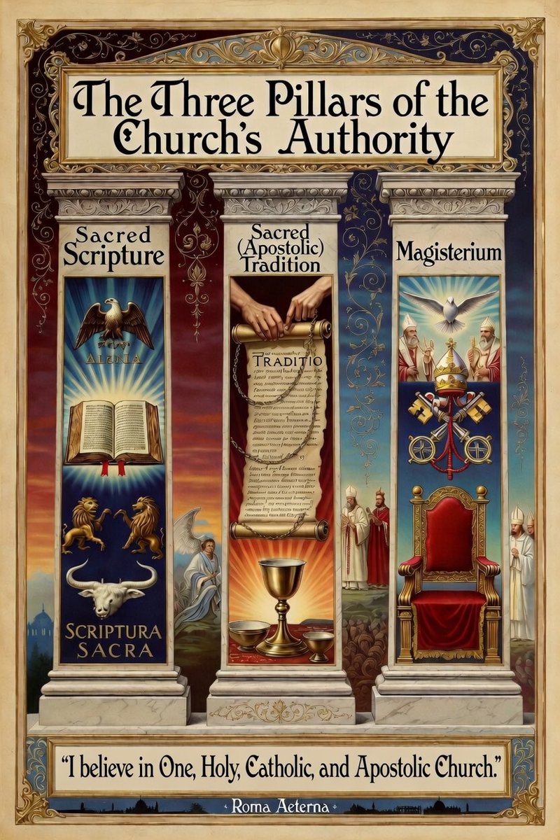 The authority of the Catholic Church, founded by Jesus Christ, rests upon three inseparable pillars: Sacred Scripture, Sacred (Apostolic) Tradition, and the Magisterium. Together they form a single deposit of faith entrusted by Christ to His Church, ensuring that the fullness of