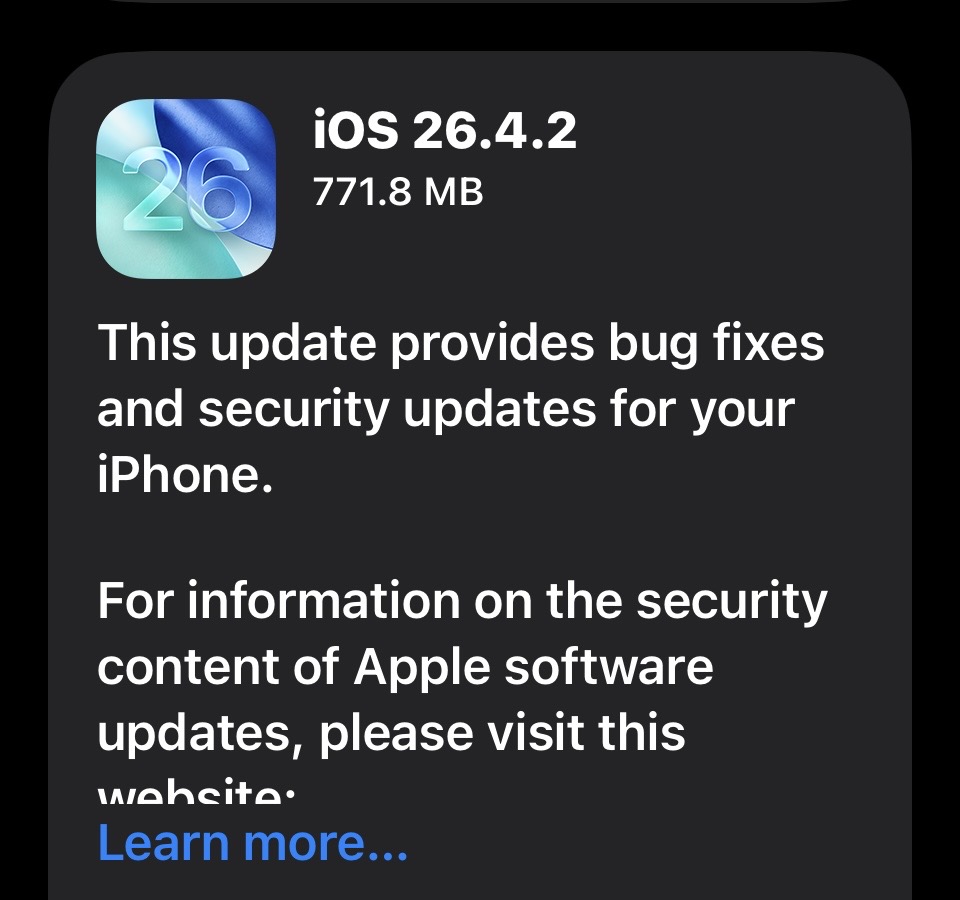 EdFromFreelance's tweet photo. Just in case you need a reminder, Apple released iOS 26.4.2 and iPadOS 26.4.2 on Wednesday: https://t.co/I8kjJOqmbL