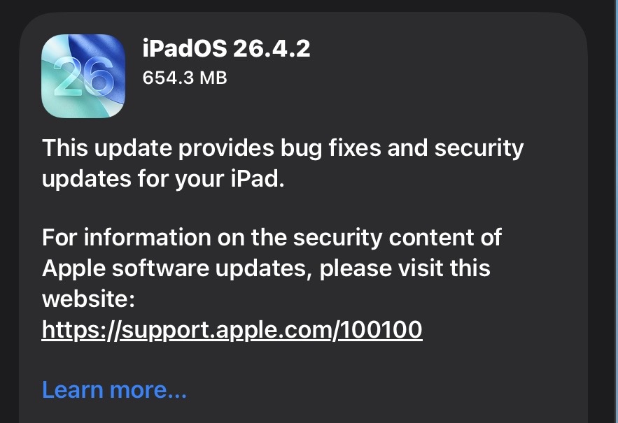 EdFromFreelance's tweet photo. Just in case you need a reminder, Apple released iOS 26.4.2 and iPadOS 26.4.2 on Wednesday: https://t.co/I8kjJOqmbL