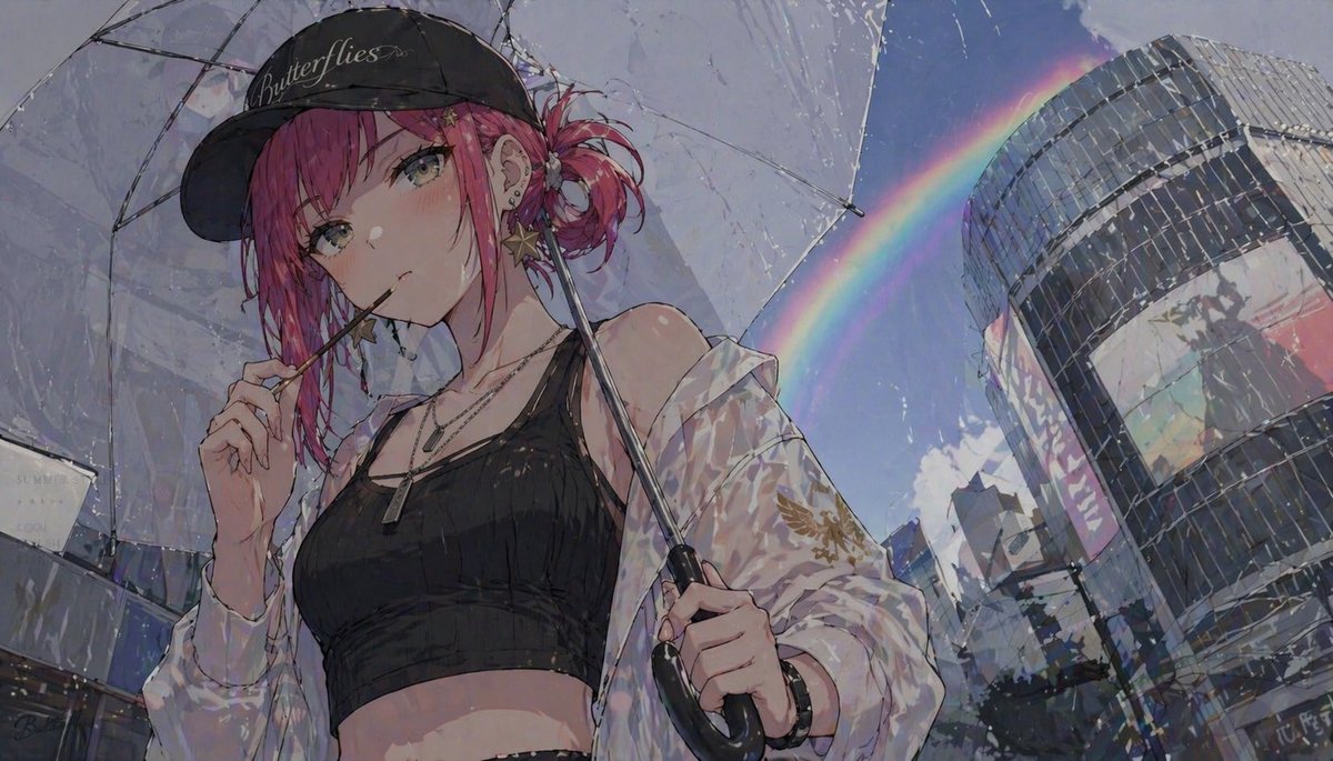 Anime Girl with Umbrella and Rainbow