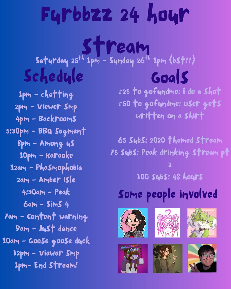 Furbbzz's tweet photo. SCHEDULE FOR THE FURBBZZ 24 HOUR STREAM!!
be there of be square!! Im raising money to start hrt 😼 https://t.co/6KMb824I0D