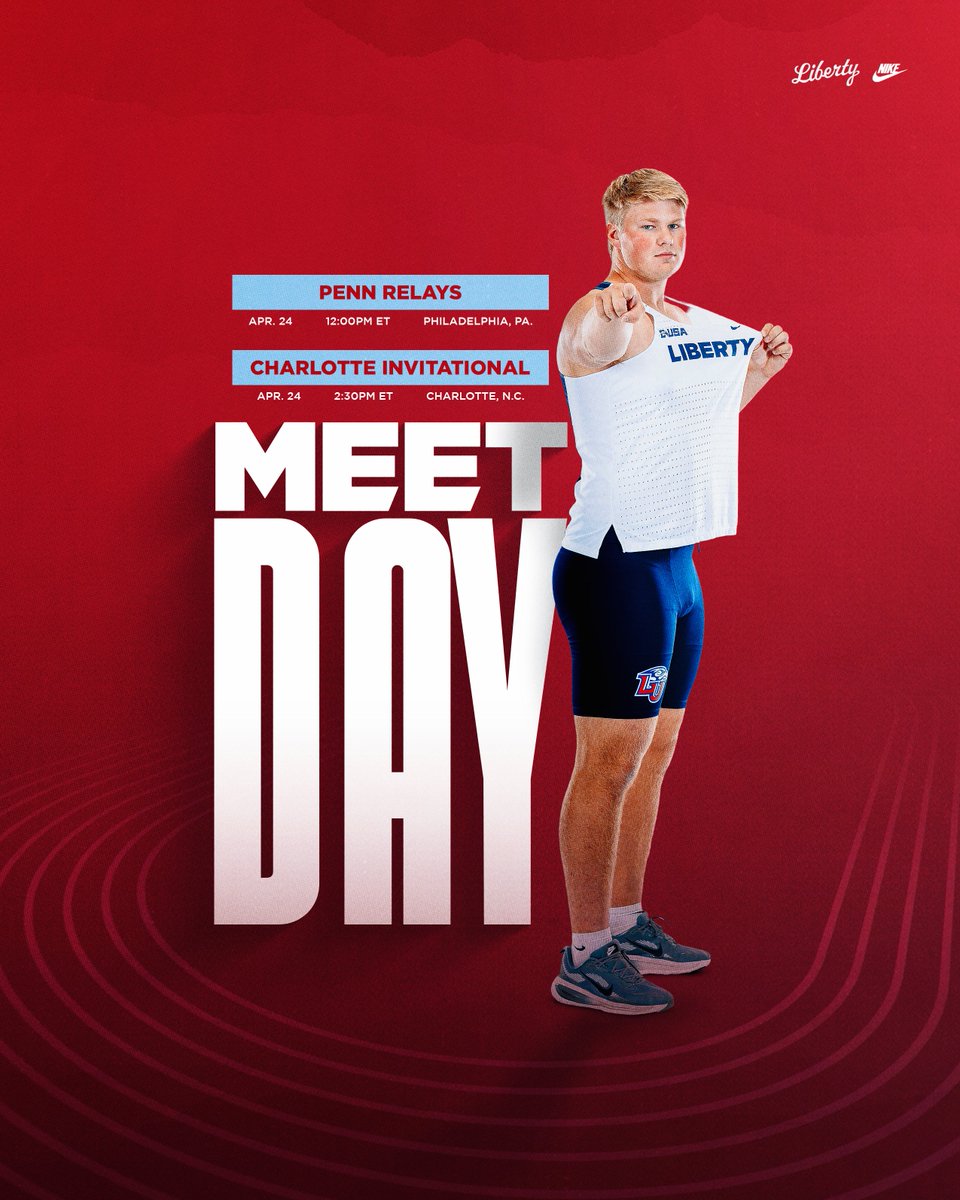 Liberty_XCTF's tweet photo. 2⃣ meets for Friday

🏃 Penn Relays
🏟️ Franklin Field | Philadelphia, Pa.
🕛 Noon ET
📺 https://t.co/8jGnkREtw3 | @FloTrack 
📊 https://t.co/IeKl0wmr1S

🏃 Charlotte Invitational
🏟️ Irwin Belk Track &amp; Field Center | Charlotte, N.C.
🕝 2:30 PM ET
📊https://t.co/Gfrgo7eWx1 https://t.co/gp7OztBTaR