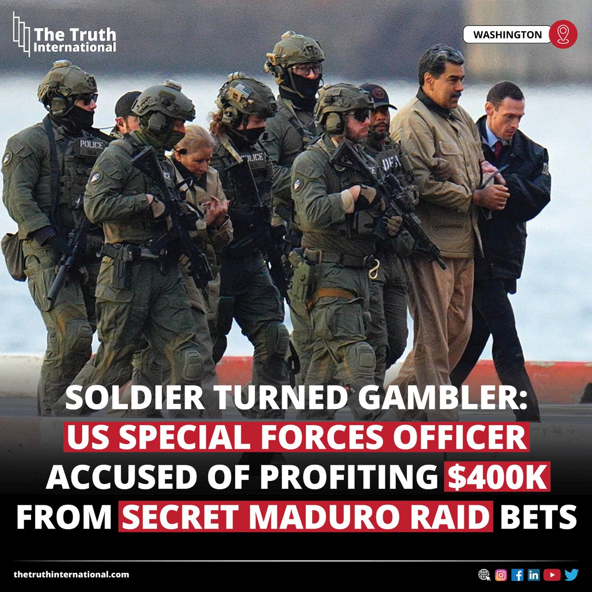 ttimagazine's tweet image. Soldier Turned Gambler: US Special Forces Officer Accused of Profiting $400K From Secret Maduro Raid Bets

FIND MORE: thetruthinternational.com/soldier-turned…

#Soldier #Turned #Gambler #US #SpecialForcesOfficer #Accused #Profiting $400K #Secret #Maduro #RaidBets #Washington #TTI