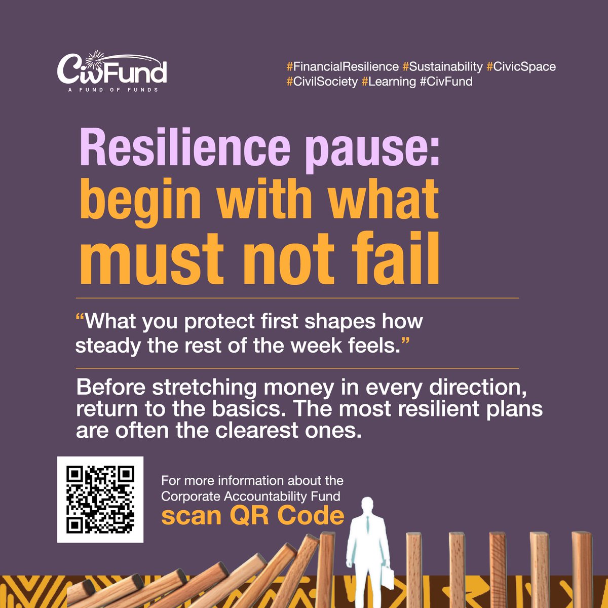 CivFund_'s tweet image. ⏯️ Resilience pause

Begin with what must not fail.

Before stretching money in every direction, protect the basics first. The clearest plans start with the costs that hold life together, then let everything else follow.

🔗 civsourceafrica.com/resilience-fund

#FinancialResilience