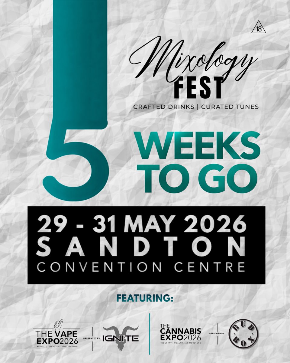 Mixology_Fest's tweet photo. 5 weeks to go!

Mixology Fest is on the horizon.

29–31 May
Sandton Convention Centre

Sip, sound, and atmosphere come together for a weekend you won’t forget. 

Get your tickets:
https://t.co/HLAR8Vkl0P https://t.co/HRNb2DGDf0