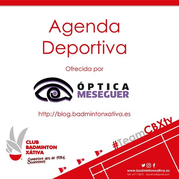Agenda deportiva 

buff.ly/LWQUnLp 

#TeamCBXtv #Badminton #Xativa #deporte #Xàtiva #ActivaXàtiva #team #iambadminton #motivation #readytowin #TeamXativa