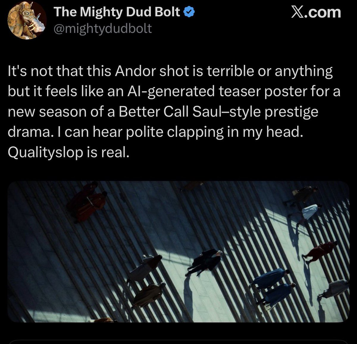 My Steak too juicy and my lobster too buttery ass opinions by butthurt George Lucas fans never fail to make me laugh. 

“Star Wars shouldn’t be good” is too fucking funny.