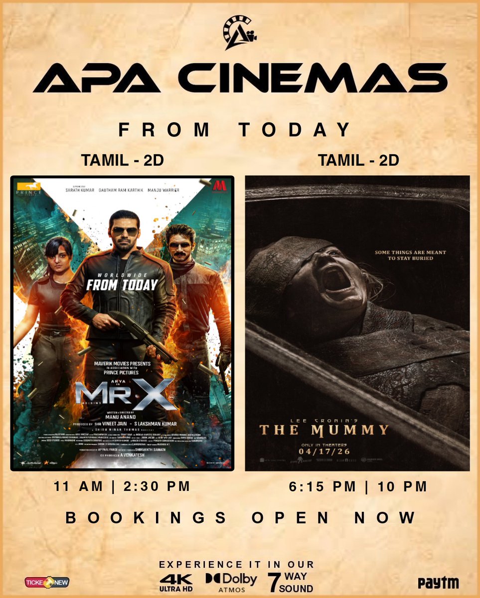 APA_Cinemas_KKD's tweet photo. #MrX & #TheMummy #Tamil from today at your #APACinemas #4K #Atmos #7way https://t.co/j79OE7QySE