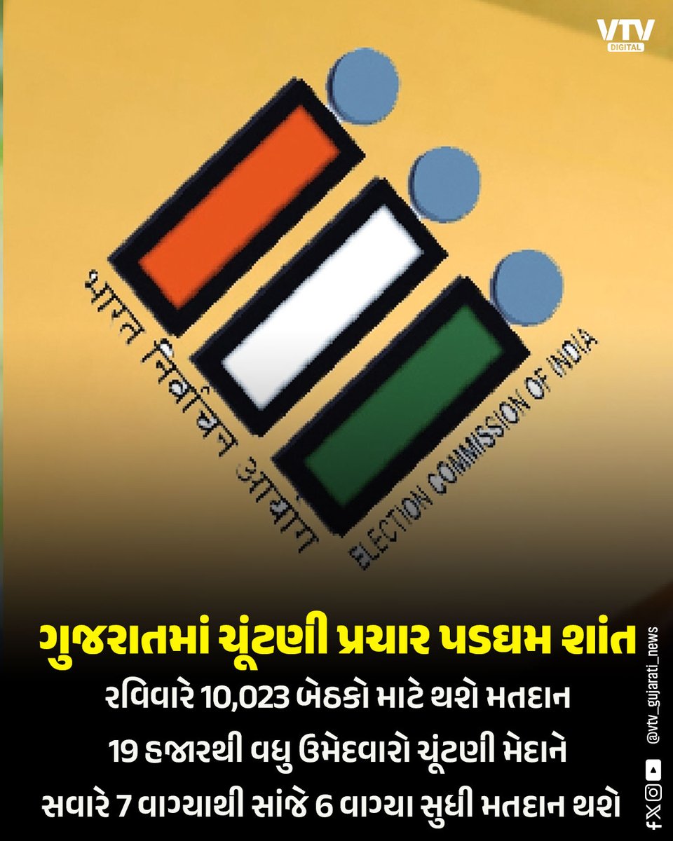 VtvGujarati's tweet image. ગુજરાતમાં ચૂંટણી પ્રચાર પડઘમ શાંત

રવિવારે 10,023 બેઠકો માટે થશે મતદાન 19 હજારથી વધુ ઉમેદવારો ચૂંટણી મેદાને સવારે 7 વાગ્યાથી સાંજે 6 વાગ્યા સુધી મતદાન થશે

#GujaratElections #VotingDay #LocalElections #IndiaPolitics #Election2026 #BreakingNews #Democracy