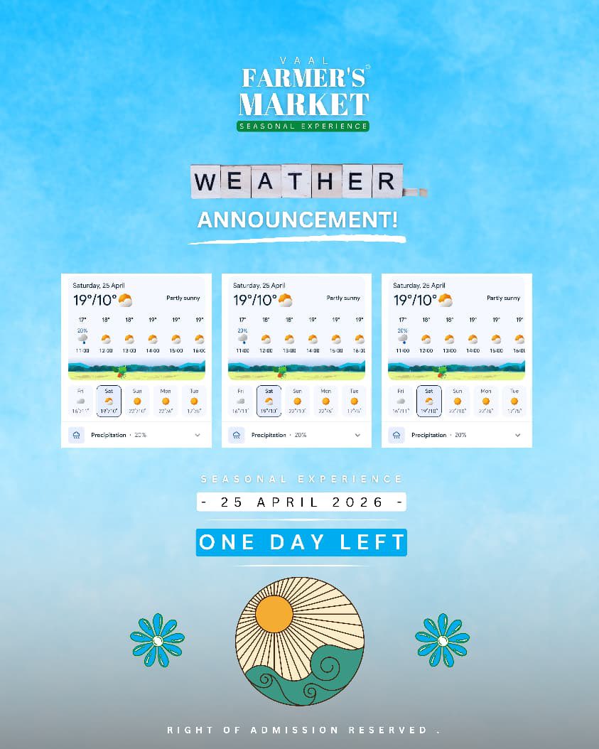 VaalFarmersMark's tweet image. One day left!
See you tomorrow 📢🩵

#weatherupdate #seasonalexperience #oneday left