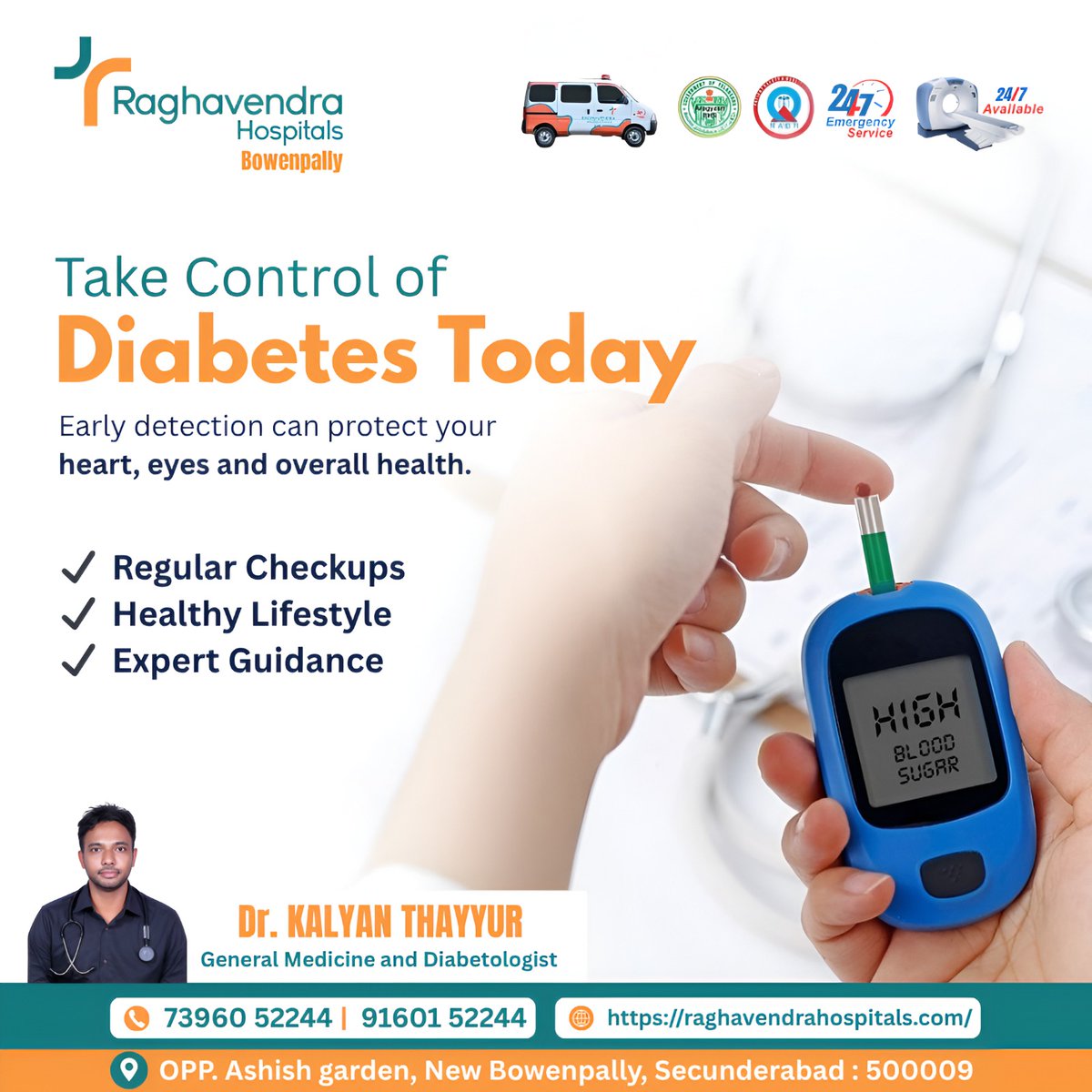 hositals570's tweet image. Take control of Diabetes today. Early detection can protect your heart, eyes &amp;amp; overall health. 
📞 73960 52244 | 91601 52244
📍 New Bowenpally, Secunderabad
#DiabetesCare #HealthFirst #StayHealthy #PreventiveCare #BloodSugar #HealthyLiving #HealthCheckup #DoctorConsultation