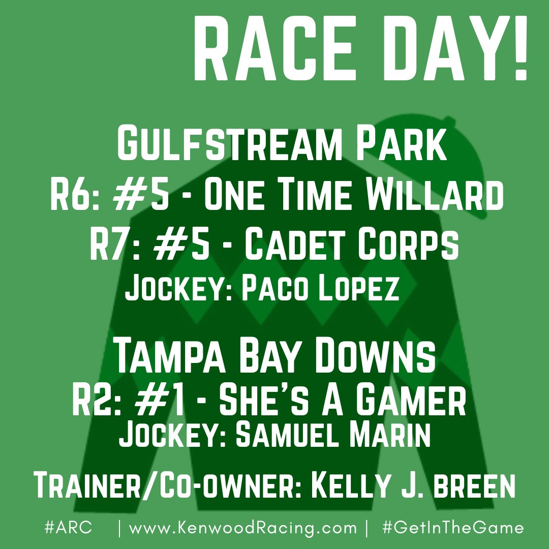 kenwoodracing's tweet photo. A big day of racing ahead for our ARC25 and ARC26 groups, with three entries between @GulfstreamPark and @TampaBayDownsFL. Let's get lucky! https://t.co/i7bnWVDVHy
