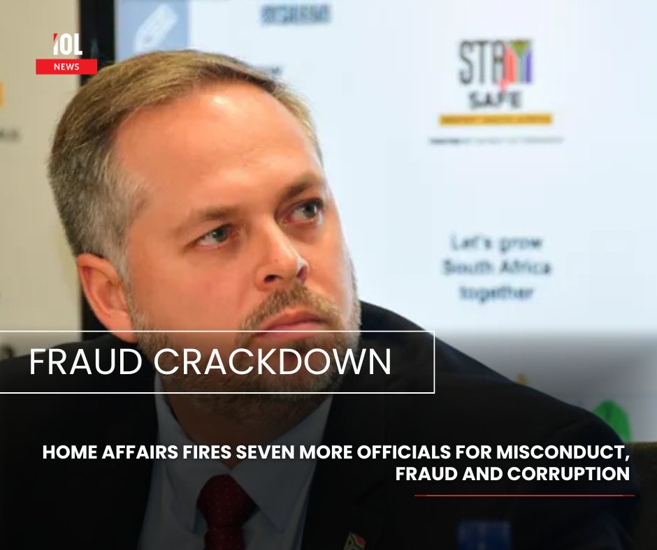 IOL's tweet image. Minister of Home Affairs, Leon Schreiber, has confirmed the immediate dismissal of seven additional officials,  for misconduct, fraud, and corruption. 
#FraudCrackdown #corruptionpurge #integritymatters #HomeAffairs #,LeonSchreiber #CleanGovernance
Read on tinyurl.com/yfma878w