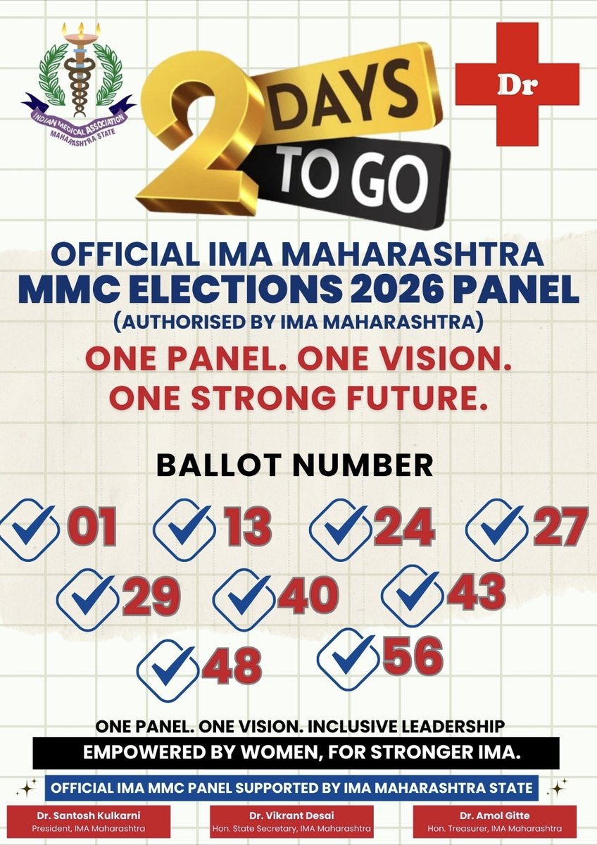 imamaharashtra's tweet photo. 2 days to go 🔥
Strong IMA or divided voice — the choice is yours.
01 • 13 • 24 • 27 • 29 • 40 • 43 • 48 • 56

🔍 Check your voter details:
 https://t.co/lfpv8ATbEu

#MMCElection #VoteCompletePanel #IMAMaharashtra https://t.co/ugW14wvHxO